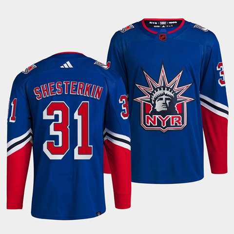 Mens New York Rangers #31 Igor Shesterkin Blue 2022 Reverse Retro Stitched Jersey Dzhi